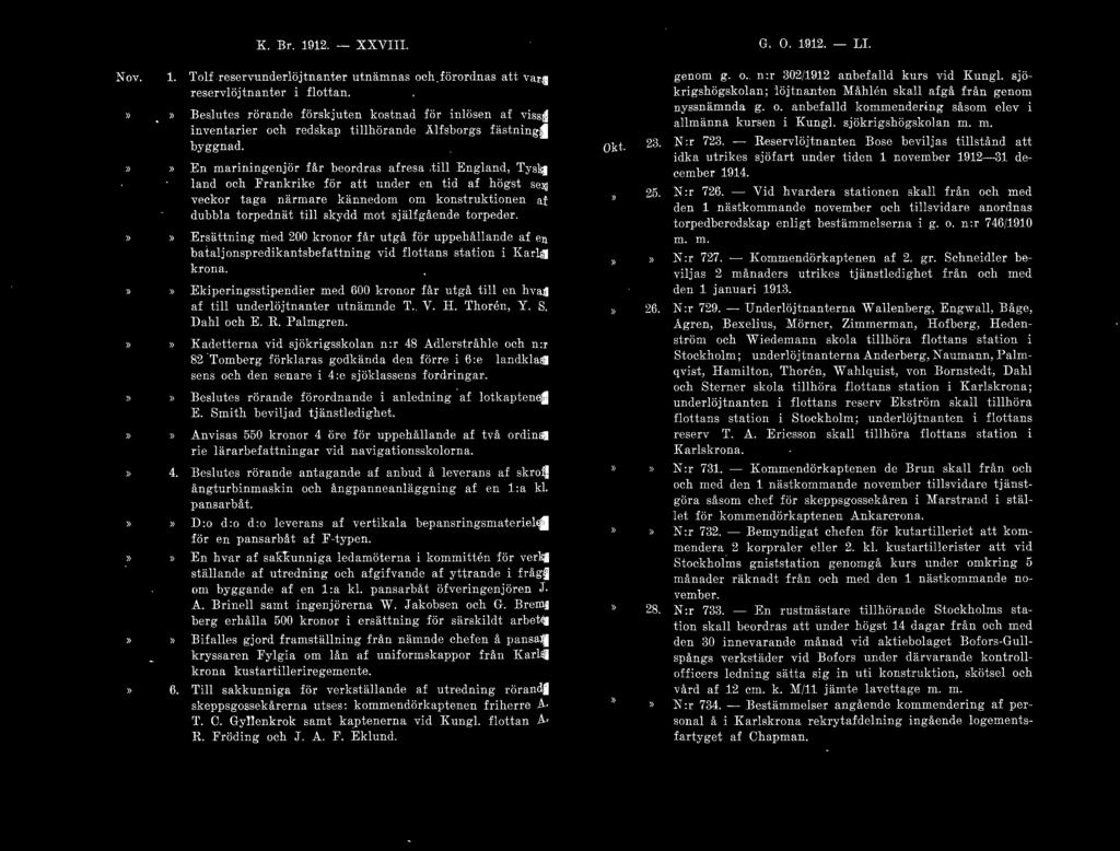 K. Br. 1912. - XXVIII. G. O. 1.912. - LI. Nov. 1. Tolf reservunderlöjtnanter utnämnas och.förordnas att va 1 :a reservlöjtnanter i flottan.