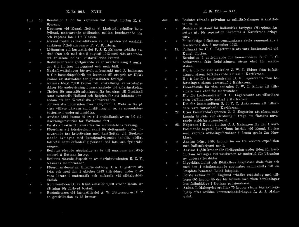 K. Br. 1913. - XVIII. K. Br. 1913.- XIX. Juli "» 18. R esolution å lön för kaptenen vid Kungl. flottan K. G_ Bjurner. Kaptenen vid Kungl. flottan S.