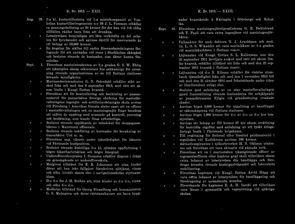 K. Br. 1913. - XXII. K. Br. 1913. - XXIII. Aug. }} Sept. }} }} }} 29. 2:a kl. kustartilleristen vid 1:a minörkompaniet av Vaxholms kustartilleriregemente n:r 59 J. L.