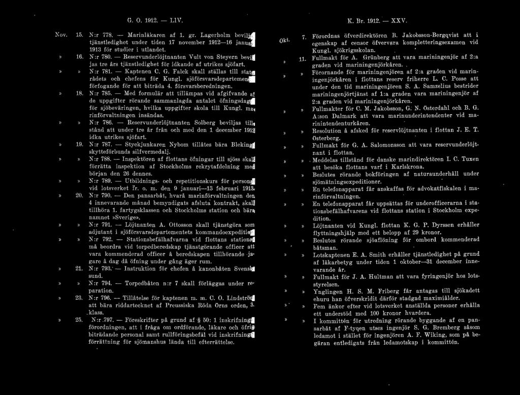 G. O. 191:?,. - Ll V. ~o v. j 5. ;\: r 778. - Marinläka ren af 1. gr. Lagerholm bevilj as tjänstledighet under tiden 17 nove mber 19j2-16 januari 1913 för studier i utlandet. 16. N :r 780.