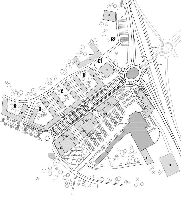 49 55 59 60 56 52 50 61 Kvarter 1 Alternativ B - Utan kvarter E2 men med Kvarter I - Med bostadshus med gård i Kvarter E1 - Med parkeringshus i tre