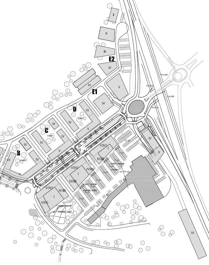 <50 52 56 52 57 57-59 63 Alternativ C - Med kvarter E2 och med Kvarter I - Med bostadshus utan gård i Kvarter E1 - Med parkeringshus i 6