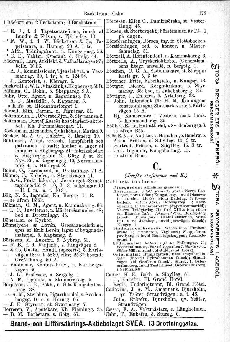 1BäkStr;;m :D3iCkstr6m;3 Båckströrn-s-Cahn. 173 Boockstr5m. I E. J., f. d. Tapetserarefirma, inneh. af Lundin & Nilson, s. Tjärhofsg. 10. -' F. W., f.. d. W. Bäckström & Co, Tapetserare, n. Harung.