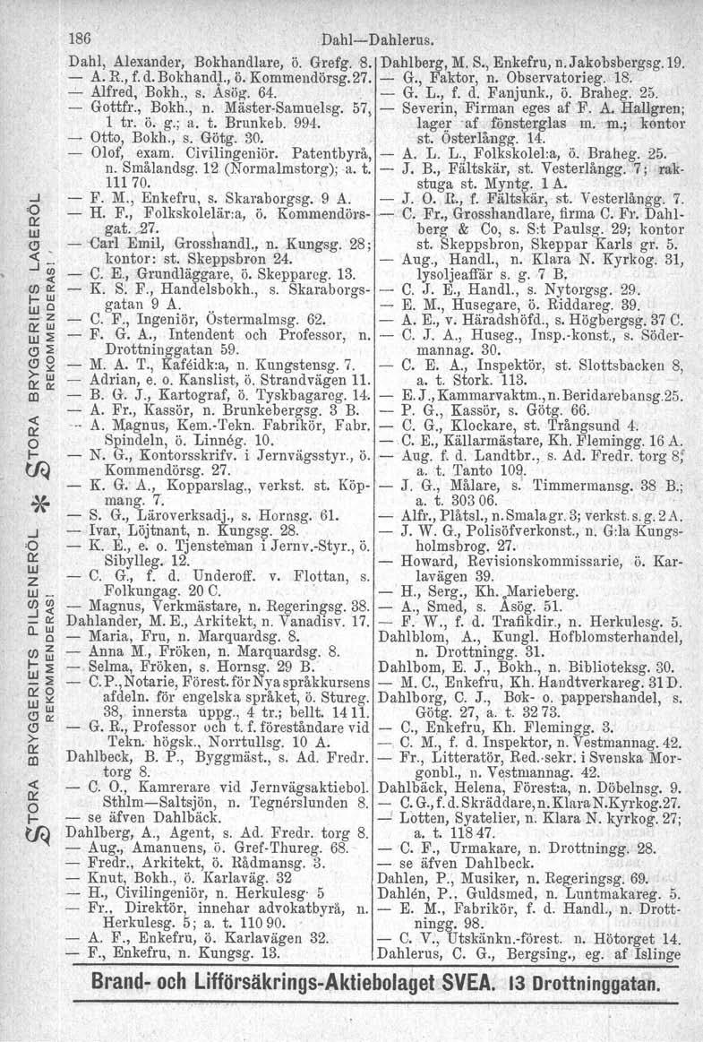 ...J o o:: LU Z LU _. rjlw a. rjlz I- ljj LU 0::0 - LU;': CJ CJ >- o:: (Il -c o:: O I- 186 Dahl-Dahlerus. Dahl, Alexander, Bokh3:dlare, ö. G.efg. 8. Dahlberg, M. S., Enkefru, n.ja:kobsbergsg.19. - A.