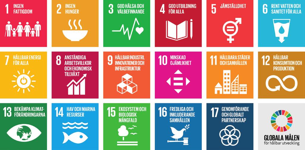 GLOBALA MÅLEN Miljöredovisning 2018 3 GLOBALA MÅLEN FÖR HÅLLBAR UTVECKLING 17 GLOBALA MÅL De 17 globala målen för hållbar utveckling är en del av FN:s Agenda 2030 som antogs den 25 september 2015.