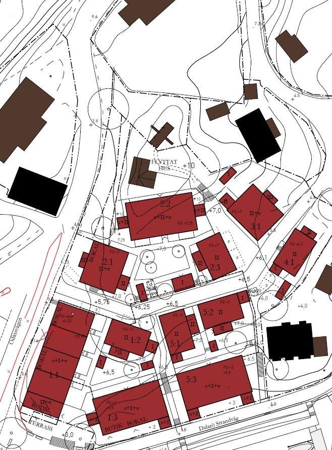 4.2 Planområdet efter exploatering Planområdet, se Figur 2, kommer att förtätas och få en småskalighet som passar orten Dalarö. 11 huskroppar anläggs som hyser totalt ca 35 lägenheter.