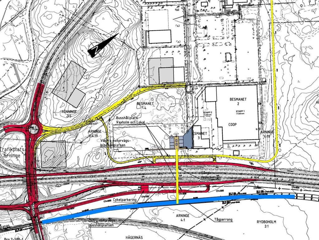 I principlösning 2 föreslås Vaxholmsbussarna angöra Arninge resecentrum på västra sidan av E18.
