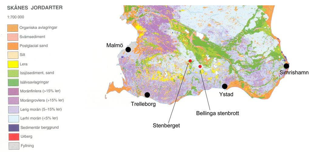 Figur 2. Jordartskarta över Skåne (omarbetad efter Germundsson & Schlyter 1999). Lokalerna Stenberget och Bellinga stenbrott är markerade med röda punkter. Observera att skalan inte är korrekt.