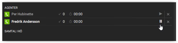 pausa en agent/användare i kön. Klicka på krysset om du vill att användare inte ska vara agent i kön längre.