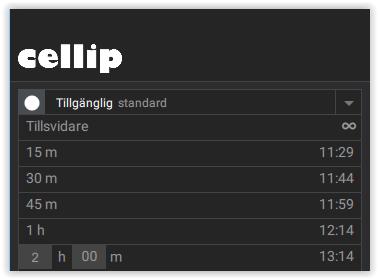 Välj för att bestämma hur länge profilen skall gälla. 15 min, 30 min, 1 tim eller 2 tim. Välj Schemalägg profil om profilen skall läggas som ny post i kalender.