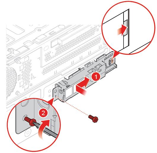 Bild 101. Installera den främre I/O-hållaren Bild 102. Stänga facket 5. Anslut strömbrytar- och kortläsarkabeln till systemkortet. 6. Stäng facket. 7. Slutför bytet av delar.