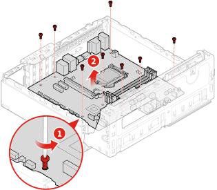 10. Notera kabeldragningen och kabelanslutningarna och koppla sedan loss alla kablar från systemkortet. Se Systemkort på sidan 5. 11. Byt ut systemkortet. Anm: Håll systemkortet försiktigt i kanterna.