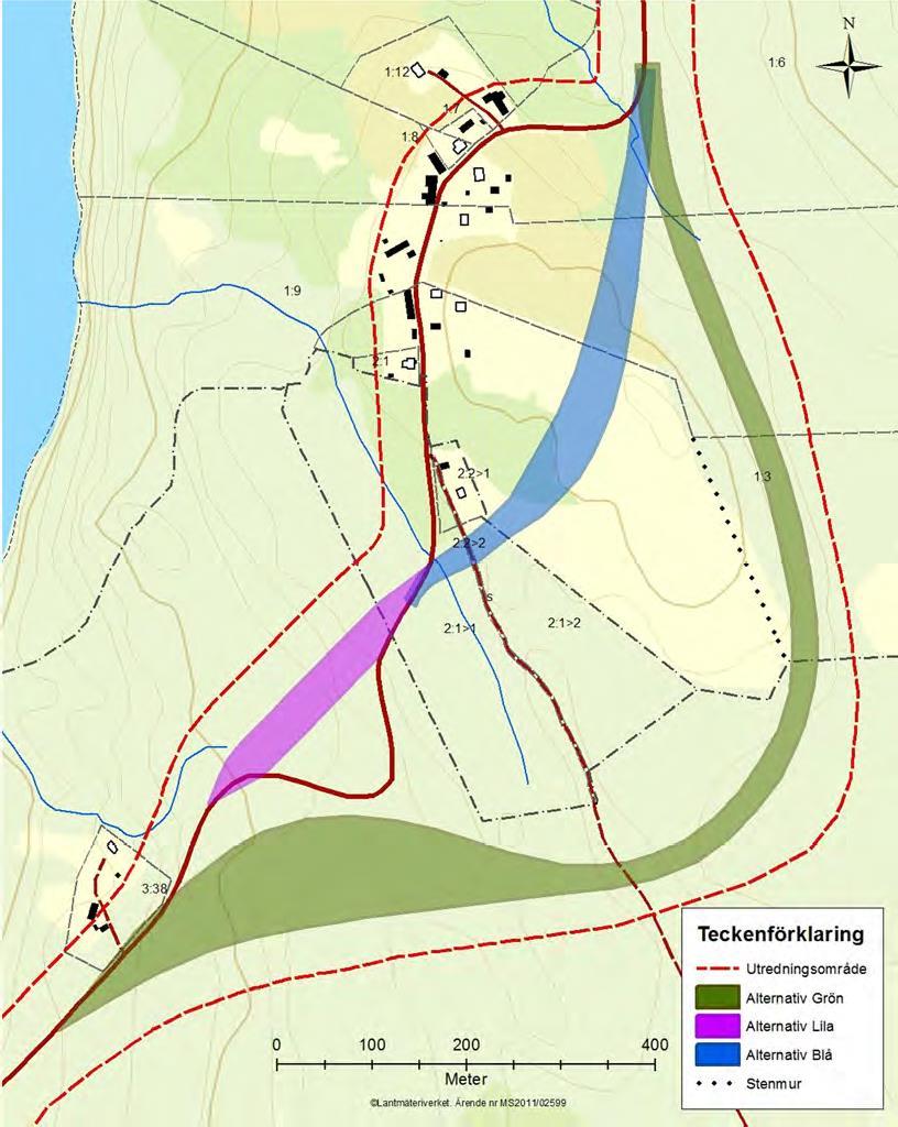 Figur 3.1:1 Förstudiens korridorer för väg 3061:s nysträckning förbi Skeppshult. Alternativ grön förordades för fortsatt projektering. 3.2 Val av lokalisering 3.2.1. Lokalisering av nysträckning Vägplanearbetet inleddes med en skissfas där flera alternativa sträckningar för ny väg 3061 studerades.