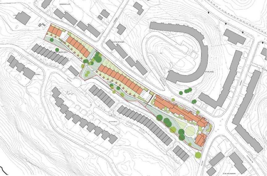 Sida 5 (10) om 190 kvm bruttoarea per hus. Radhusen avses upplåtas med bostadsrätt alternativt äganderätt. Den nya bebyggelsen ska utformas med hänsyn till topografi och omgivande bebyggelse.