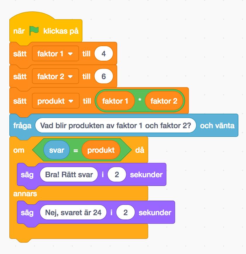 2. Bygg på med blocken på bilden. Vi använder ungefär samma block som ni använt i lektionerna koda ett mattetest lektion 1, 2 och 3, som du har gjort tidigare. 3. Testa programmet vad händer?