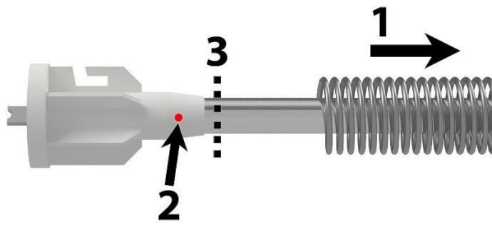 Steg 5. Montera handtaget Snäpp fast handtaget mitt på bottenlisten ovanpå väven enligt bild. Förborra ett litet hål i aluminiumlisten genom handtagets hål med en 2.