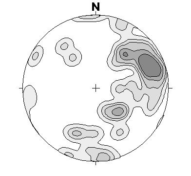 Figure 3-3: Foliation, rock contacts and ductile shear zones in the cored borehole KFM07C (Length of borehole: 500 m; Depth: 815m b.s.l.; Orientation (trend/plunge):143/85).