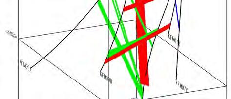 Figure 6-4: Modelled brittle deformation zones identified in 2 boreholes, alternative structural model based of structures in boreholes KFM07A,B,C and KFM09A,B, SKB Forsmark candidate area (16 zones).