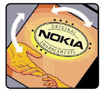 Leta reda på logotypen för Nokias originaltillbehör på förpackningen och undersök hologrametiketten med hjälp av instruktionerna nedan: Även om du lyckas genomföra alla fyra stegen innebär inte det