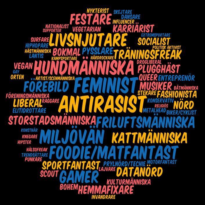Ungas identitet 1. Feminist (50%) 2. Antirasist (43%) 3. Hundmänniska (34%) 4.