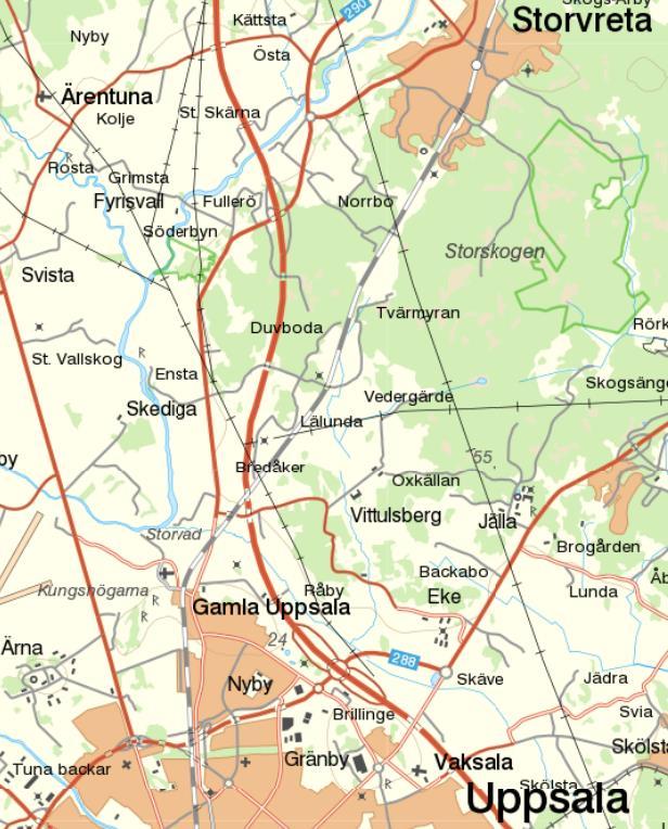 Figur 1. Kartbild över närområdet, med de föreslagna typerna av markanvändning markerade i olika färger i förstoringen.