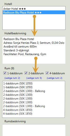 Val av hotell i listan ger en hotellbeskrivning och