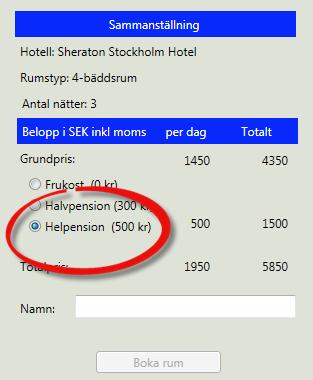 Här nedan har användaren haft möjligheten att välja även halv- och helpension. Valt hotell erbjuder nämligen detta! Kostnaden för helpension är 500kr per dag.