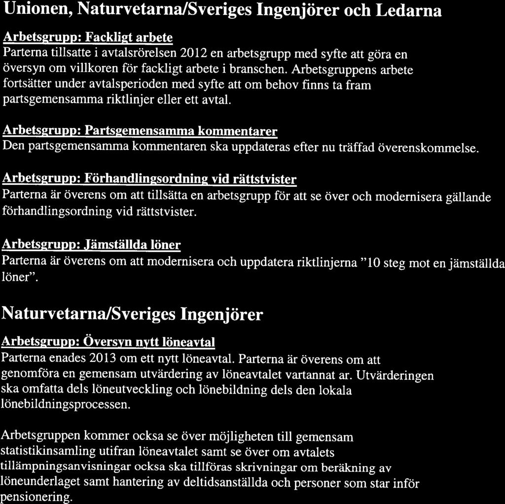 Bilaga 3 Partsgemensamma arbetsgrupper Unionen, Naturvetarna/Sveriges Ingenjörer och Ledarna Arbetsgrupp: Fackligt arbete Parterna tillsatte i avtaisrörelsen 2012 en arbetsgrupp med syfte att göra en