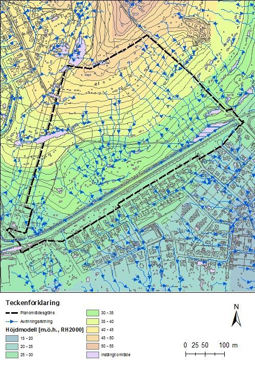 Figur - resultat av avrinningsanalys i ArcGis. SÅRBARA OMRÅDEN Strax väster om den tilltänkta exploateringen ligger Sölvesborgs transformatorstation som inte får riskeras att bli översvämmad.