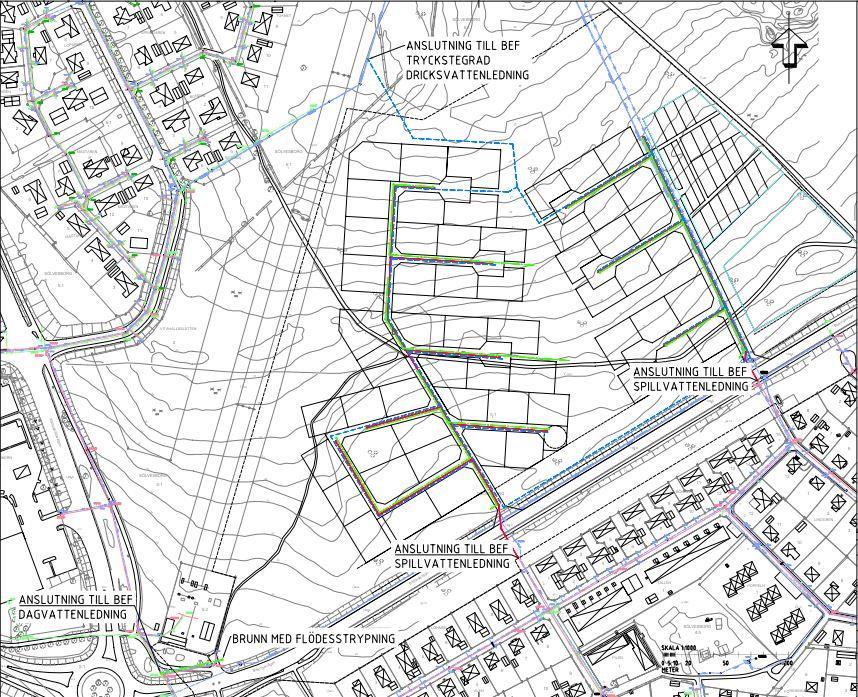 Figur - föreslagen VA-utbyggnad. DRICKSVATTEN Planområdet är beläget högt upp och alldeles i närheten av en högreservoar. Strax nordväst om planområdet finns ett relativt nybyggt bostadsområde.