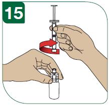 13 - Vänd på den sammansatta sprutan och injektionsflaskan, så att injektionsflaskan är överst.