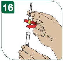 16 - Ta ut kanylen ur dess förpackning och skruva fast den ordentligt på toppen av sprutan. 17 - Låt nålskyddet sitta på.
