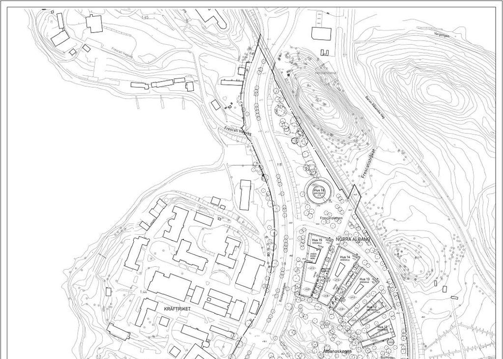 8 (25) S-Dp 2008-21530-54 Situationsplan Områdets centrala offentliga rum utgörs dels av det triangulära parkrummet vid Roslagsvägen och dels av AlbaNovaparken i söder som formar anslutningen mot