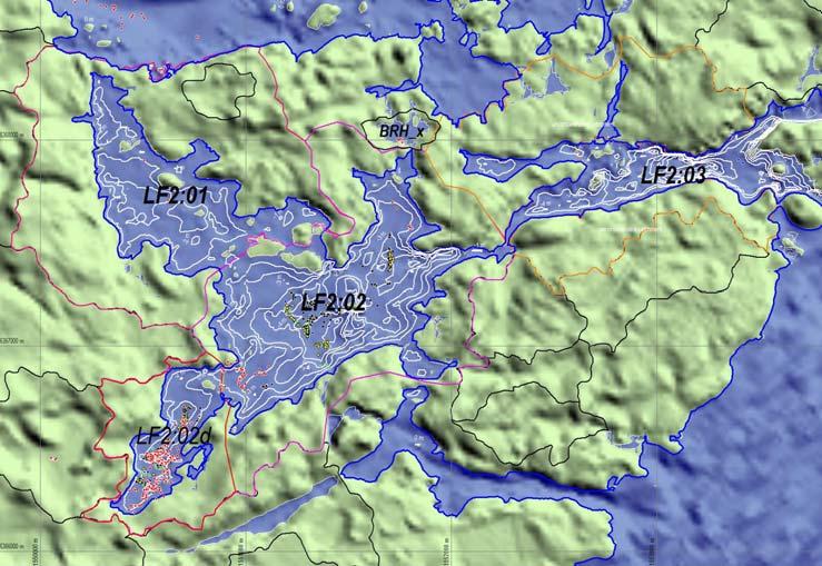 Figure 3-1. Elements of the Laxemar drainage system used in GEMA. Three flowpath elements are shown: LF2:1, LF2:2 (Borholmsfjärden) and LF2:3 (S Getbergsfjärden) together with their catchments.