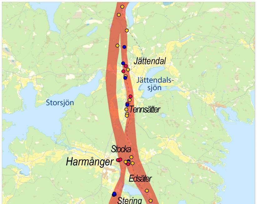 Enligt SGUs brunnsarkiv finns såväl dricksvatten- som energibrunnar längs studerad järnvägskorridor.