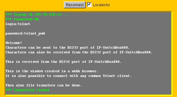 4. Telnet - RS232 sidan Från telentklienter (t.ex. Windows hyperterminal) kan man skicka och ta emot tecken från boxens RS232-port.