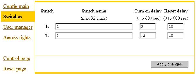 5.2 Switches På denna sida konfigurerar man namn ovan knapparna, fördröjning av tillslag efter inkoppling, och reset tider. Ovanför varje ON/OFF knapp kan man konfigurera en text om högst 32 tecken.