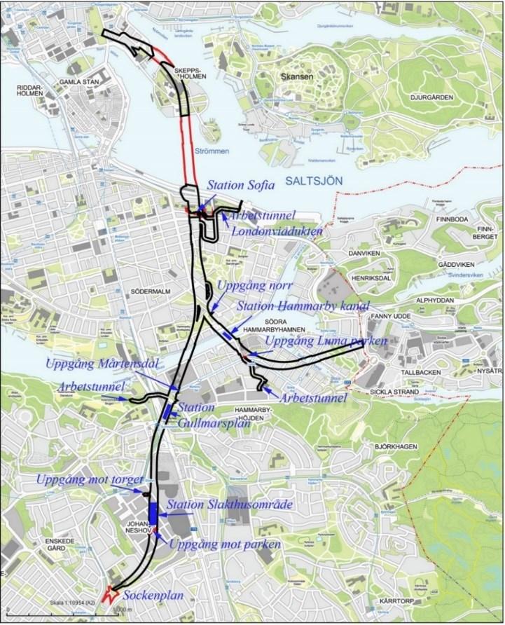 Sida 11 (24) Spårsträckning för blå linjen. Längs den östra spårsträckningen till Nacka kommer två nya stationer att byggas inom Stockholms stad; station Sofia och station Hammarby Kanal.