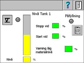 snart som nivån kommit under, eller är lika med värdet Start vid. Påfyllningen varar tills att nivån kommit över, eller är lika med värdet Stop vid. Alla värden visas i % av tankens volym.