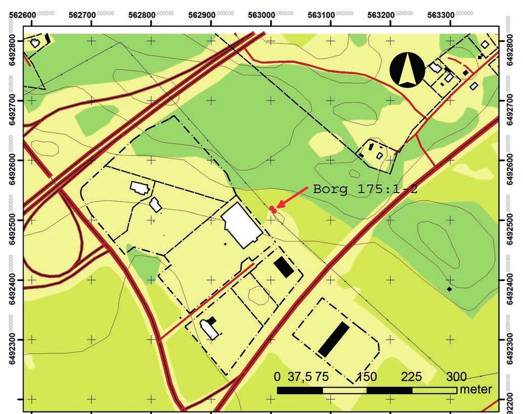 Borttagande av kraftledningsstolpe invid hällristning Figur 2. Karta över industriområdet vid Klinga. Fornlämning Borg 175:1-2 är markerad och ligger vid pilen. Skala 1:5 000.