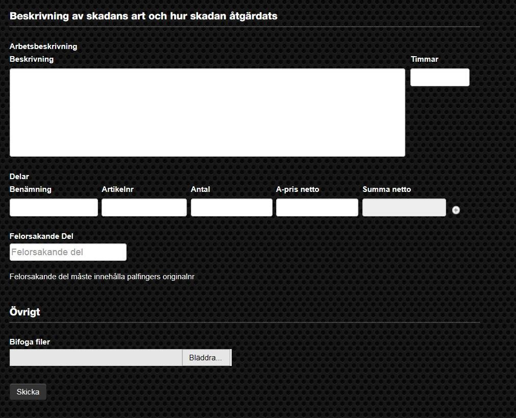 Skapa ett garantiärende Under Skapa garantiärende skriver du in reklamationen. Fyll i tillverkningsnumret och produktens data visas till höger.