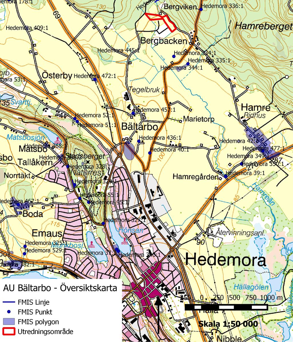 Illustration 2. Översiktskarta, skala 1:50 000. Utredningsområdet (rött) är beläget cirka 3 kilometer norr om Hedemora tätort, Hedemora kommun.