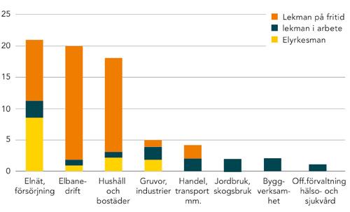 Figur. Elolyckor med dödlig utgång 000 0, per verksamhet och kategori.. Luftledningar orsakar färre elolyckor med dödlig utgång Luftledningar orsakar färre elolyckor med dödlig utgång än tidigare.