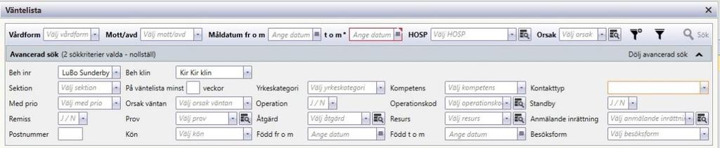 HOSP Orsak Nybesök Via styrparameter kan förvalt värde anges. Gäller per VAS-installation Söker fram väntelistan utifrån vald HOSP.