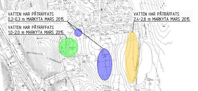 Figur 6-4 Områden där vatten påträffats, ungefärliga områden 7. Stabilitet och sättningar Stabilitetsproblem bedöms ej föreligga inom området.