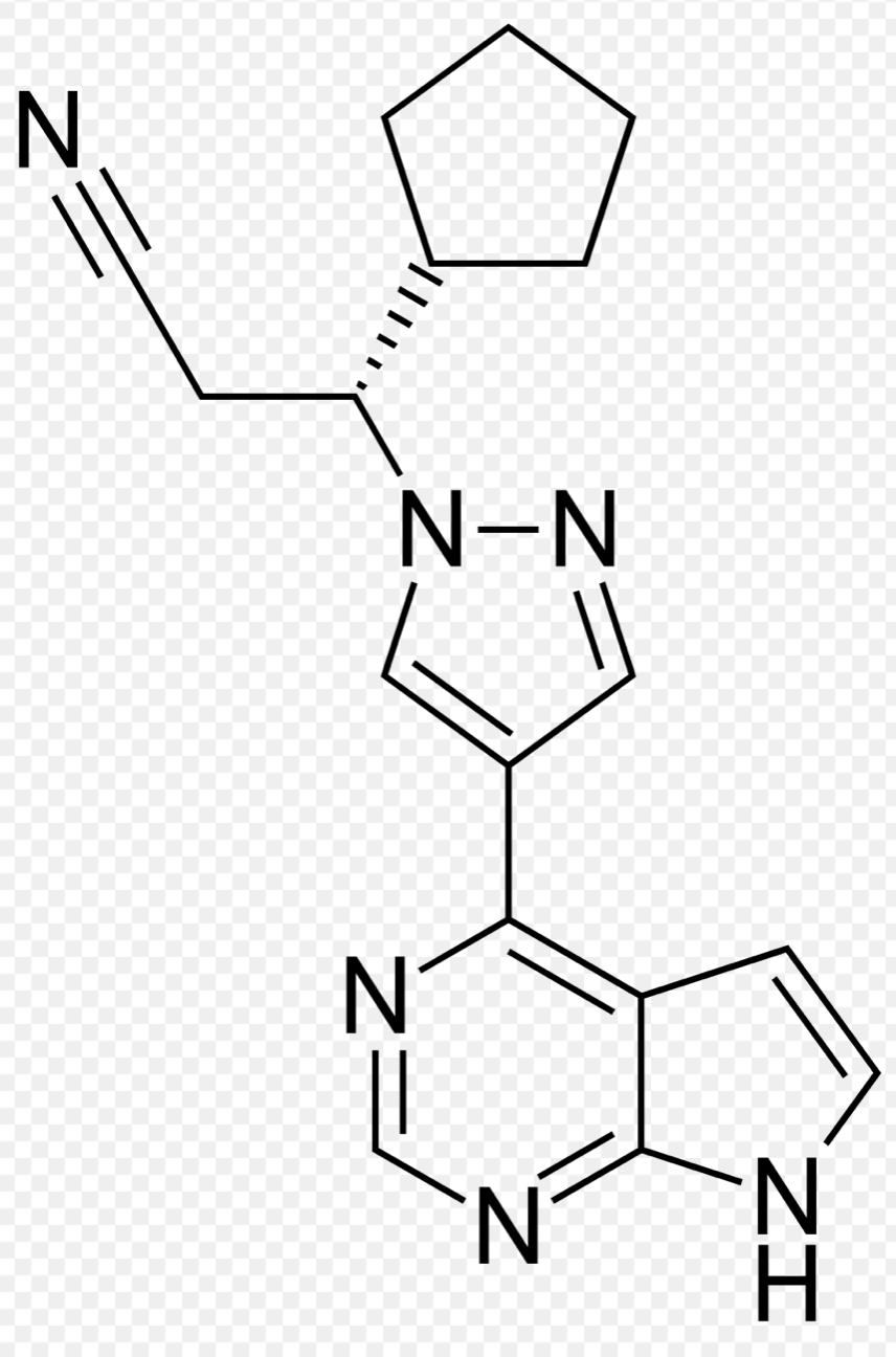 JAK-STATsignaleringen hämmas av ruxolitinib vilket ger hämning av den cytokininducerade fosforyleringen av STAT3. Mycket vanligt förekommande biverkningar vid behandling med ruxolitinib är bl.a. infektioner, blåmärken, anemi samt yrsel och huvudvärk (18).