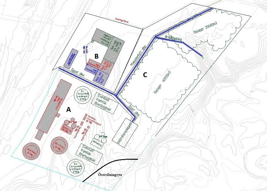 2017-07-14 5 Figur 4. Översikt av planområde med föreslagen dagvattenhantering. 4.2 Område C Område C har en area på 2,35 ha och är planerat att användas till lagring av träflis.