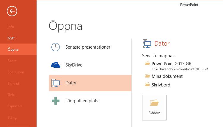 Om du vill öppna en annan presentation, gör du så här: 1 Klicka på fliken Arkiv och välj Öppna (File, Open).