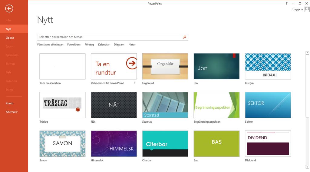 Skapa ny tom presentation När du startar PowerPoint 2013 visas en uppsättning teman i bredbildsformat.