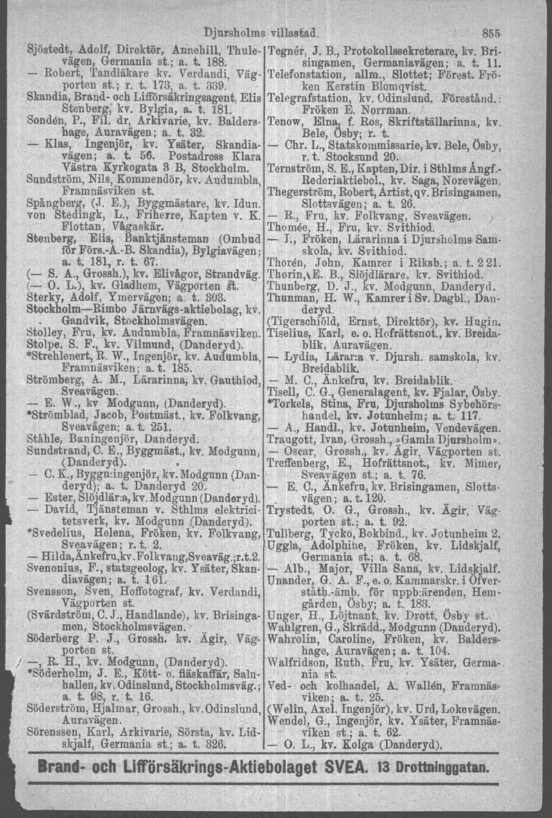 ]Djursholms villaatad. 855 Sjöstedt, Adolf, Direktör, Annehill, Thule- Tegner, J. B., Protokollssekreterare, kv. Brivägen, Germania st.; a. t. 188. singamen, Germaniavägen; a. t. 11.